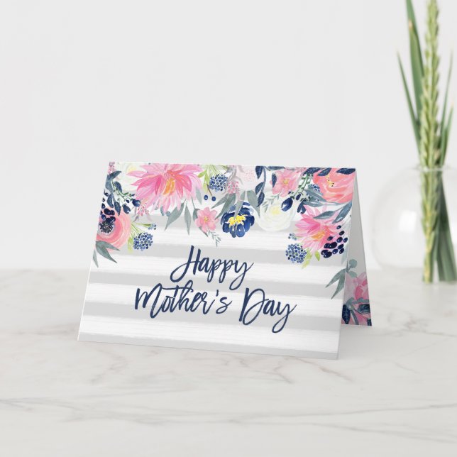 Carte Fleurs roses et marines | Stripes Bonne Fête des M (Devant)