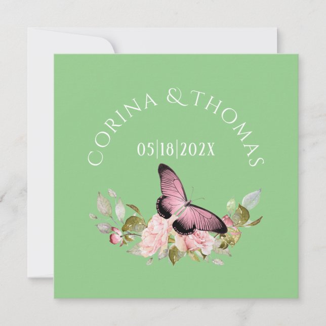 Carte Fleurs roses et papillon sur Mariage vert (Devant)