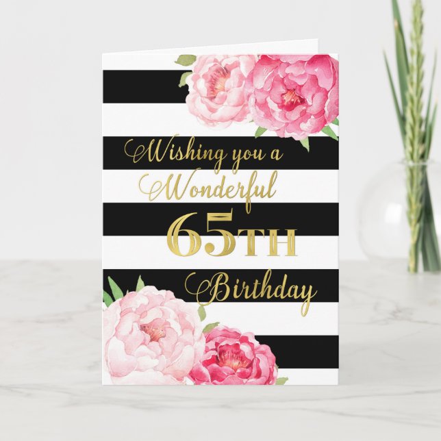 Carte Fleurs roses et rayures noires Joyeux 65e annivers (Devant)