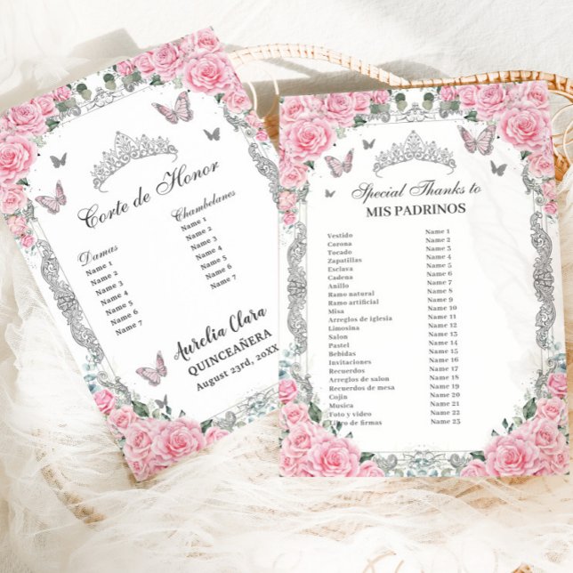 Carte Fleurs Roses pour la Quinceañera de Mis Padr (pink roses floral silver butterflies quinceanera mis padrinos corte de honor list cards printed)