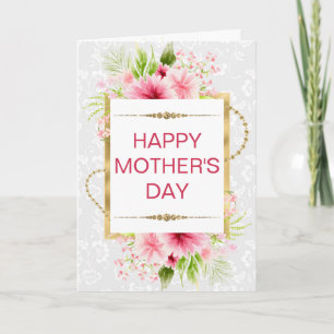 Carte Fleurs roses printanières et fête des mères en or