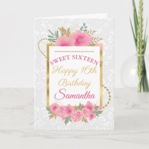 Carte Fleurs roses Sweet sixteen à huile d'or