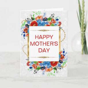 Carte Fleurs rouges bleues & Paillettes dorées Fête des 