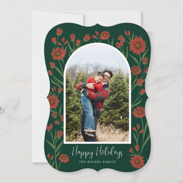 Carte Fleurs rouges Boho Arched Photo Joyeux Noël Card (Devant)