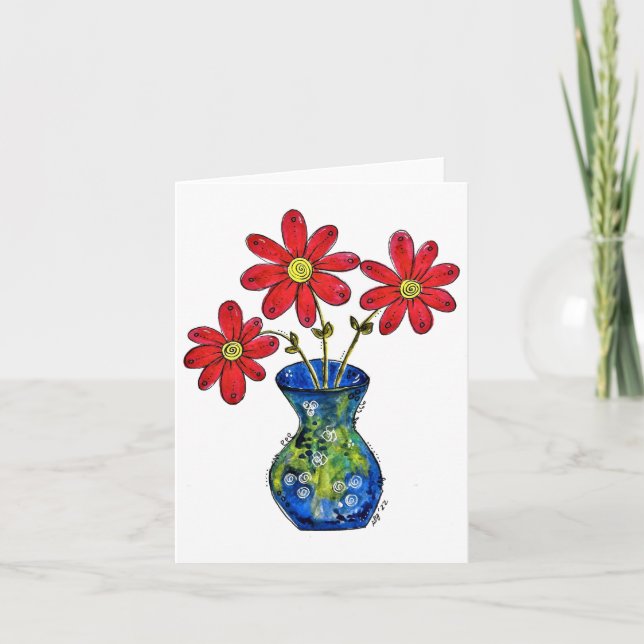 Carte Fleurs rouges lunaires dans Vase bleu (Devant)