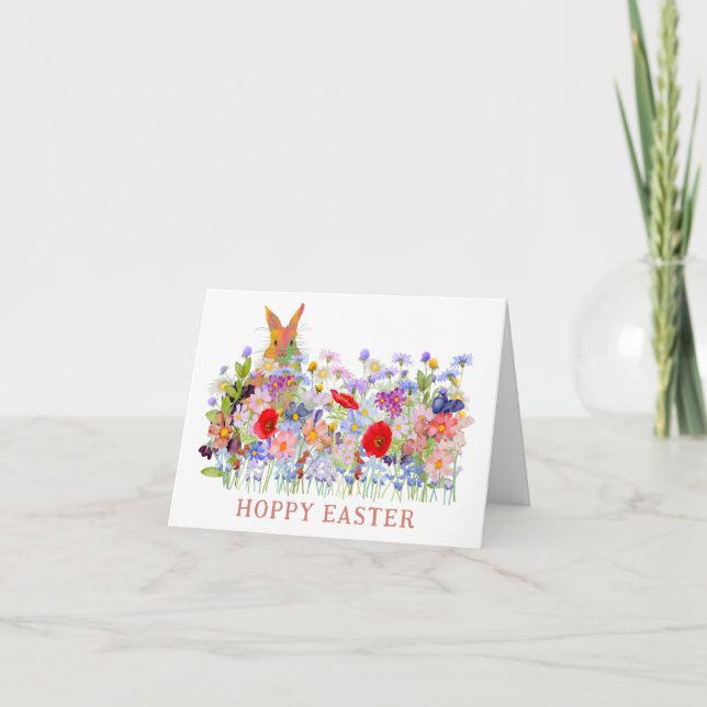 Carte Fleurs sauvages Hoppy de Pâques Cute Bunny et Boho (Devant)