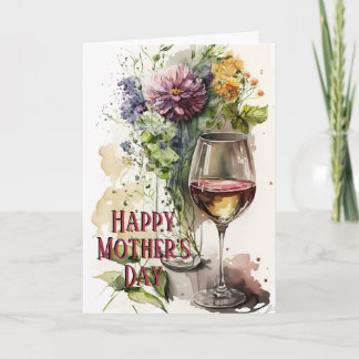 Carte Fleurs & Verre de Vin, Cadeau parfait, Fête des mè