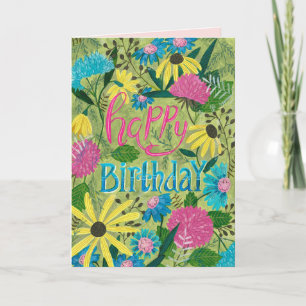 Carte Fleurs vert et rose fleuri heureux anniversaire