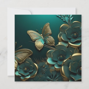 Carte Fleurs vertes 3D personnalisées et papillon Gold