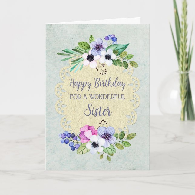 Carte Fleurs Vintages rustiques Soeur Anniversaire (Devant)