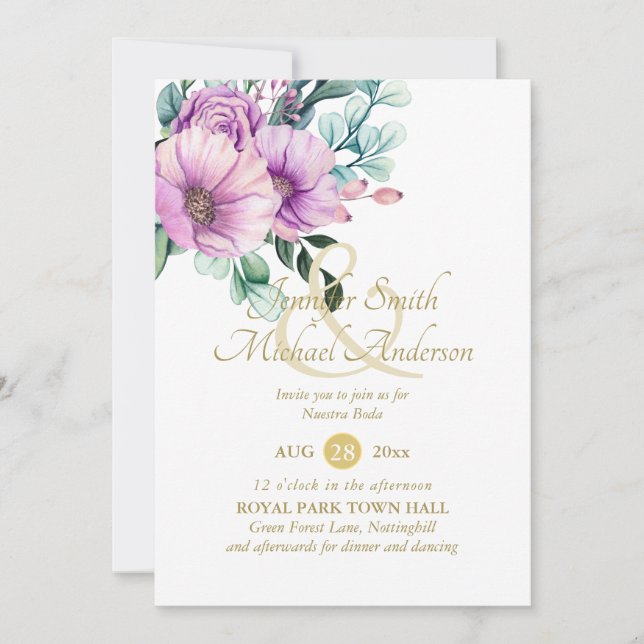 Carte Fleurs violettes rustiques Nuestra Boda Invitacion (Devant)