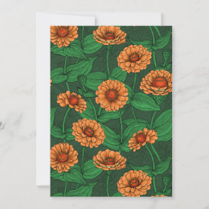 Carte Fleurs Zinnia orange, feuilles verts sur vert fonc