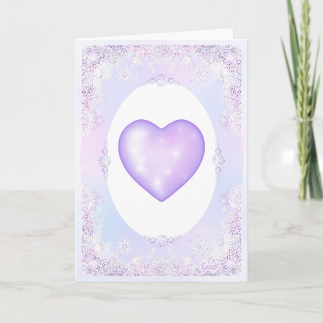 Carte flocon de neige violet clair et coeur étincelant (Devant)