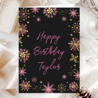 Flocons de neige dorés et roses Joyeux Anniversair
