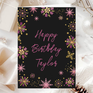 Carte Flocons de neige dorés et roses Joyeux Anniversair