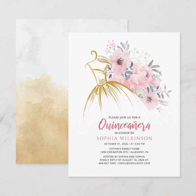 Carte Floral 15e anniversaire Faux Gold robe moderne (Devant / Derrière)