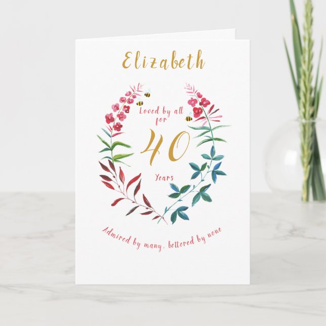 Carte Floral 40e anniversaire Aquarelle Rouge Bleu fleur (Devant)