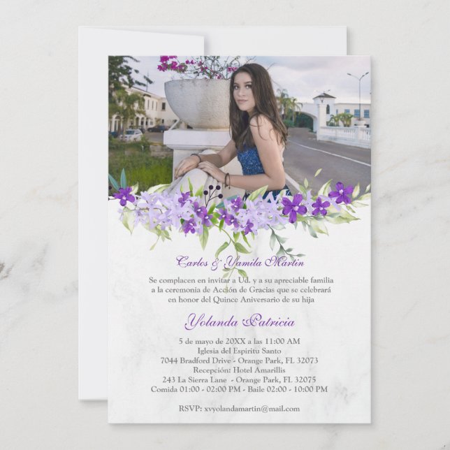 Carte Floral Acuarela en Morado ara Quinceañera (Devant)