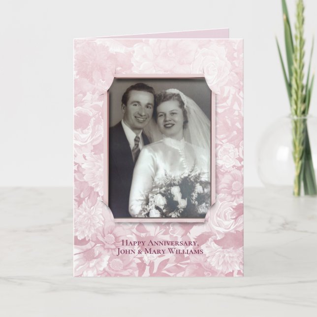 Carte Floral anniversaire cadre photo rose pâle (Devant)