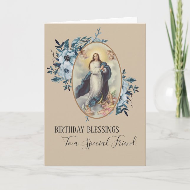 Carte Floral bleu | Ami Anniversaire | Vierge Marie (Devant)