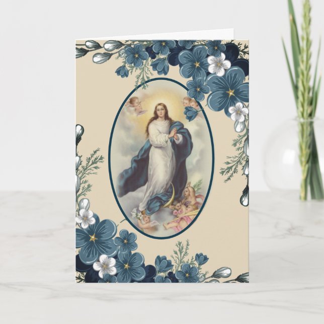 Carte Floral bleu | Catholique | Vierge Marie (Devant)