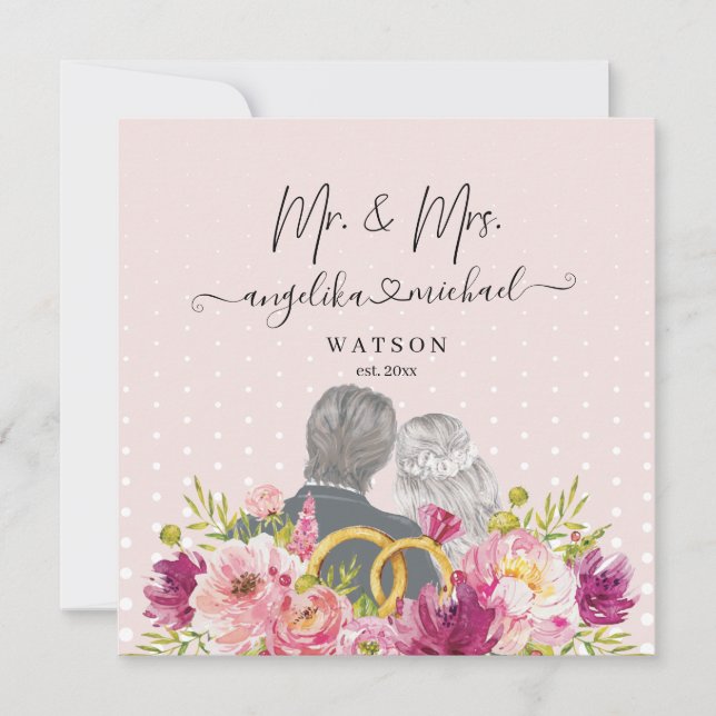 Carte Floral Blush Peonies Script tendance Mr et Mrs. (Devant)