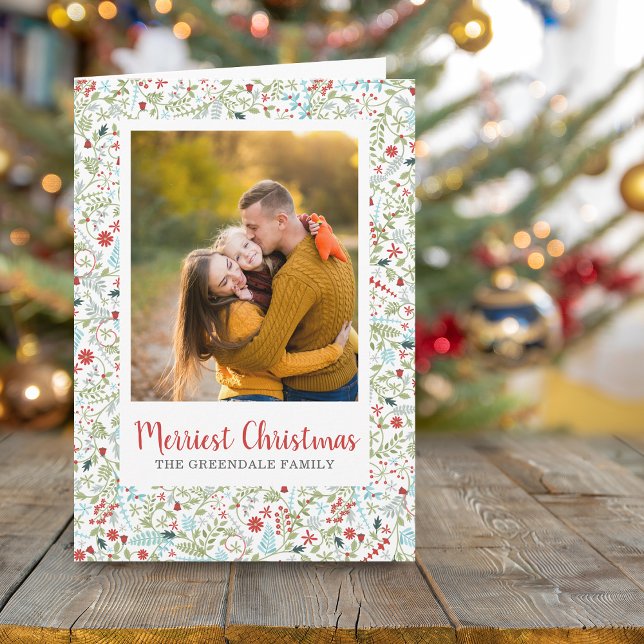 Carte Floral Christmas Holiday Motif Photo Grey (Floral Christmas Holiday Pattern Photo Greeting Card)