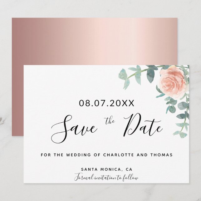 Carte Floral Eucaluptus rose mariage d'or enregistrer la (Devant / Derrière)