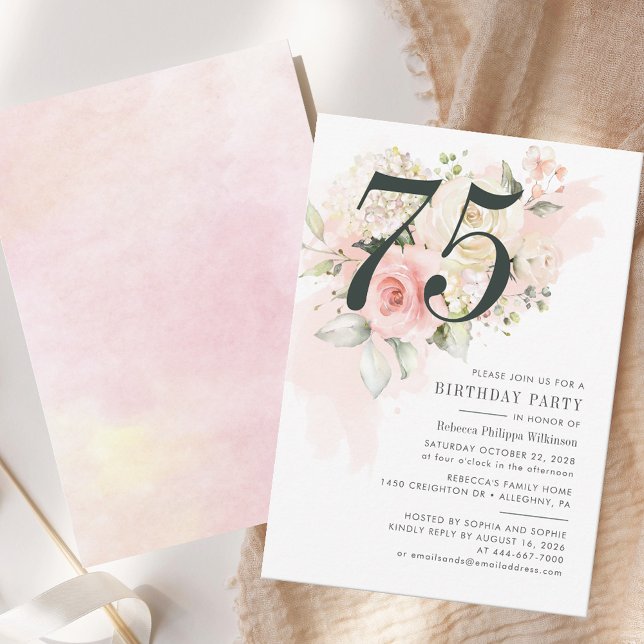 Carte Floral Eucalyptus Foliage rose 75e fête d'annivers (Elegant 75th Birthday Party Pink Rose Floral Invitation)