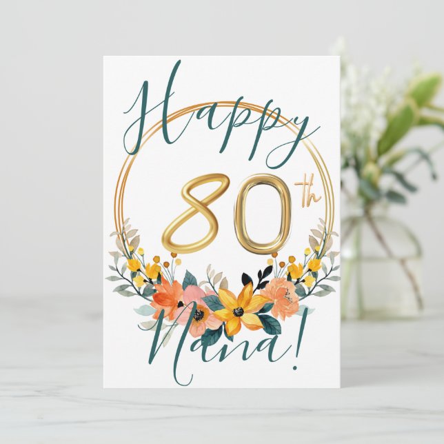 Carte Floral Happy 80e anniversaire personnalisée (Debout devant)