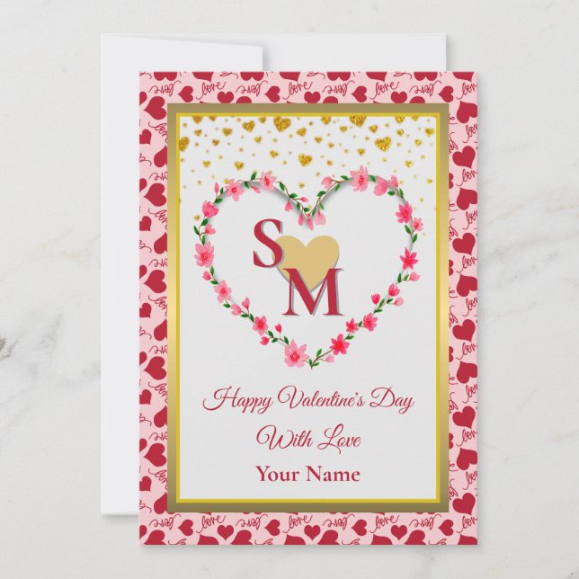 Carte Floral Monogramme Saint Valentin au coeur d'or (Devant)