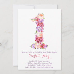Carte Floral Numéro 1 ; invitations à 1er annivers