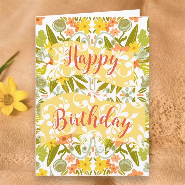 Carte Floral Orange Jaune Art Original Joyeux Anniversai (Original Art Birthday Card by Artist © Cathy Thompson. Personalize inside with your own message.)
