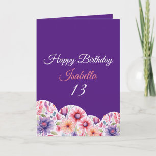 Carte Floral Purple Aquarelle Coeur 13e anniversaire