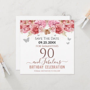 Carte Floral rose 90e anniversaire Enregistrer la date