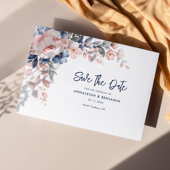 Carte Floral rose aquarelle mariage Enregistrer la date (Botanical Floral Pink Script Wedding Save the Date Announcement)