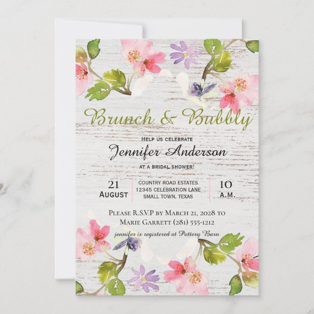 Carte Floral rose rustique sur Brunch nuptial en bois bl (Devant)