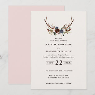 Carte Floral rustique et bois mariage rose pâle