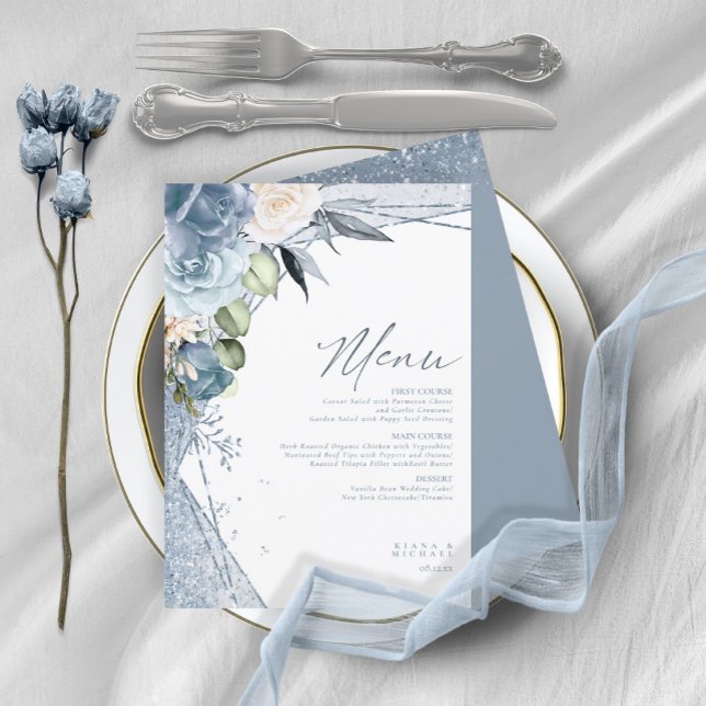 Carte Floral Sparkles Mariage Menu1 Blue ID889 (Créateur téléchargé)