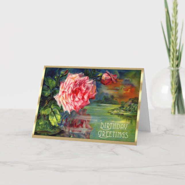 Carte Floral victorien rose Rose Rose Lake Scène Anniver (Devant)