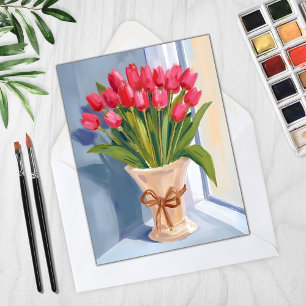 Carte florale à l'aquarelle Bouquet de tulipes ros