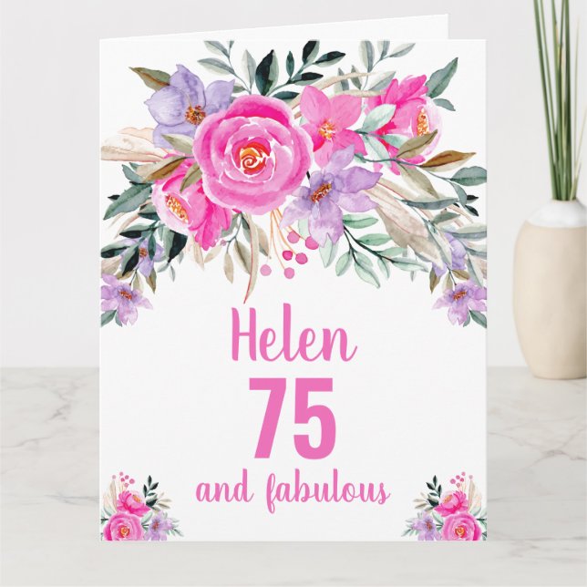 Carte florale aquarelle rose pour 75e anniversaire (Devant)