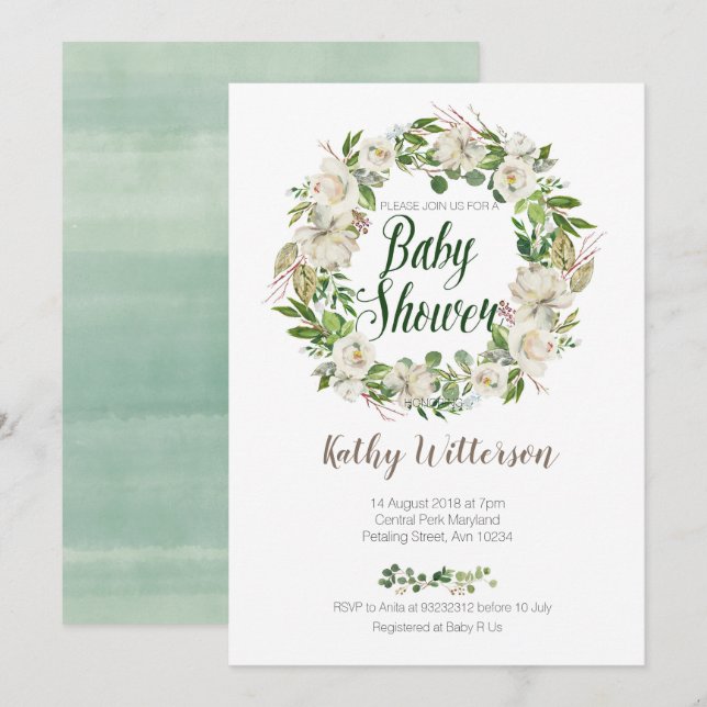 Carte florale blanche d'invitation de baby shower (Devant / Derrière)
