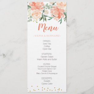 Carte florale chic de menu d'or de pêche