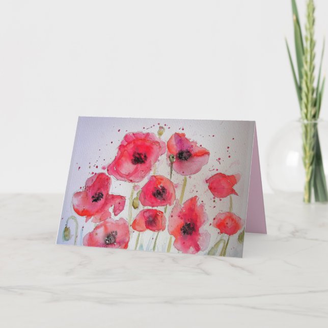 Carte florale de peinture à l'aquarelle Red Poppy  (Devant)