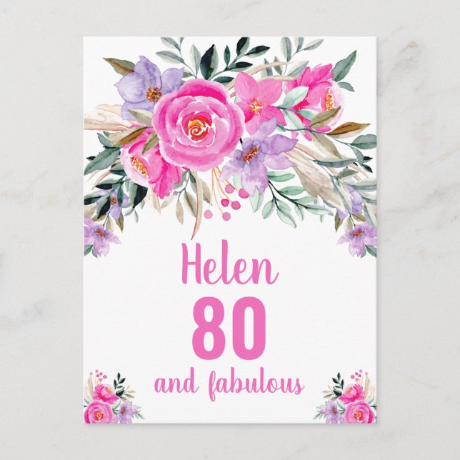 Carte florale rose d'aquarelle 80e anniversaire (Devant)