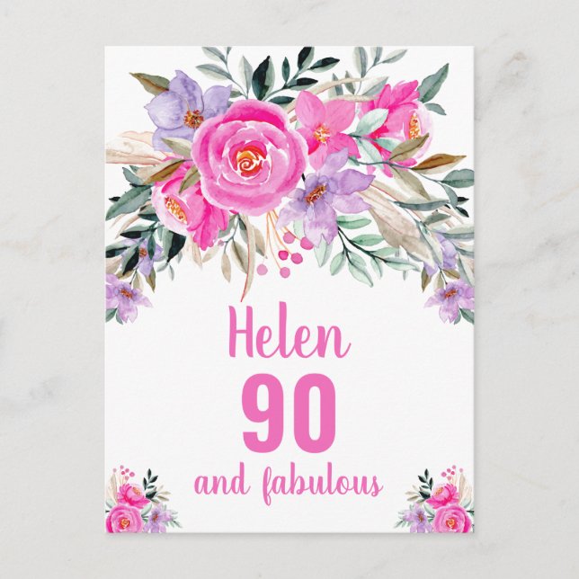 Carte florale rose d'aquarelle 90e anniversaire (Devant)