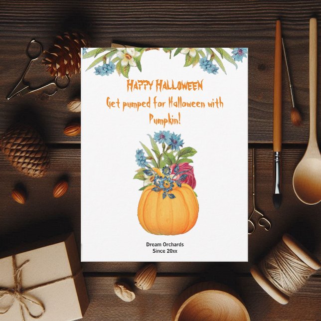 Carte Flore Citrouille d'aquarelle orange vive (Vibrant Orange Halloween Pumpkin Watercolor Flora)