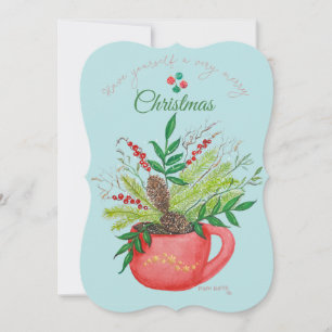 Carte Flore verte en Coupe Rouge Aquarelle de Noël
