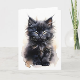 Carte Fluffy Black Long-Haired Chat Aquarelle Blank
